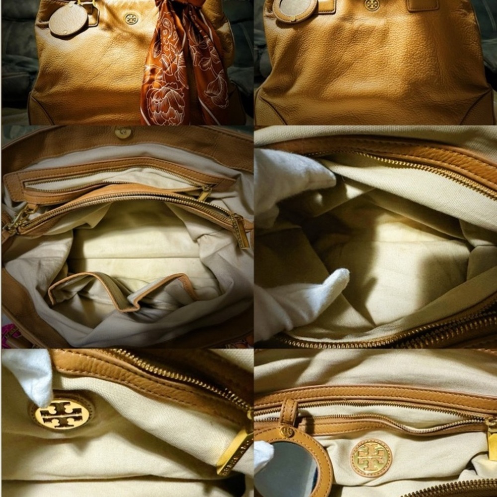 Tory Burch Tan Leather Tote with orange gold cherry keychain Charm - Picture 11 of 15